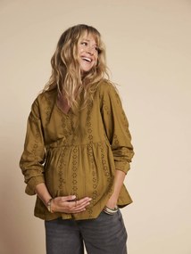 Blusa para gravidez e amamentação em bordado inglês azeitona