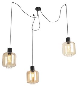 Candeeiro de suspensão design preto com vidro âmbar 3 luzes 226 cm - Qara Design