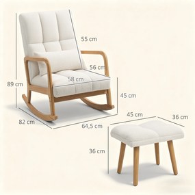 Poltrona de Baloiço com Apoio para os Pés Estofado em Bouclé com Almofada Acolchoada Encosto Ergonómico Apoios de Braços e Pés de Madeira 64,5x82x89 c