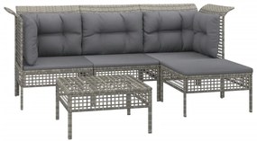 5 pcs conjunto lounge de jardim c/ almofadões vime PE cinzento