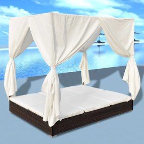 vidaXL Espreguiçadeira de exterior com cortinas vime PE castanho