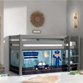Cama alta de Criança PINO 90 x 200 cm + estrado + escada + cortina Policia Cinzenta