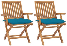 Cadeiras de jardim c/ almofadões azul-claro 2 pcs teca maciça