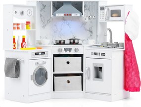 Cozinha Brincar de madeira para crianças 102 x 51 x 85 cm com luzes e sons, exaustor iluminado, sistema de água com dispensador e máquina de lavar par