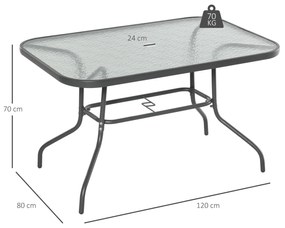 Mesa retangular de metal para jardim com orifício para guarda-sol Capacidade 70kg Vidro temperado 120x80x70 cm Cinza carvão