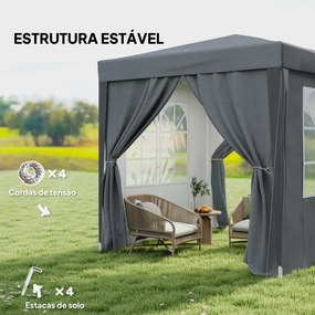 Tenda Dobrável 2x2m com 4 Paredes Laterais Tecido Oxford 2 Janelas e Saco de Transporte Anti-UV Impermeável Cinzento