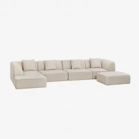 Sofá Modular Chaise Longue Esquerdo De 4 Peças Com Puff Estofado Cardea Chenille Bege Creme - Sklum