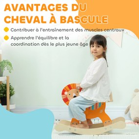 Cavalo de balanço para crianças, leão de brincar de balanço para bebés em madeira com guiador e base estável, 59 x 27 x 43 cm, laranja