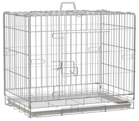 PawHut Gaiola Dobrável para Cães 61x43x50cm Gaiola de Metal para Cães com Bandeja Amovível com Travão Prata e Branco