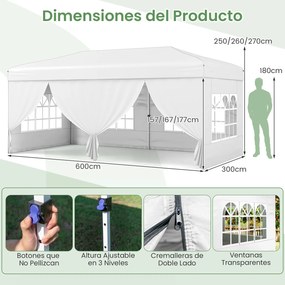 Tenda dobrável com 6 painéis laterais 300 x 600 x 250-270 cm, 6 x Sacos de areia, estrutura metálica, altura ajustável, 10 estacas, 6 cordas, saco com