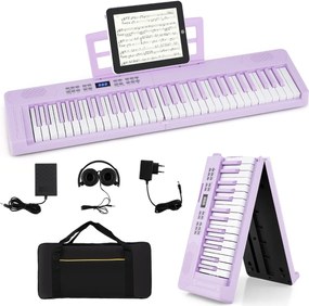 Teclado musical dobrável de 61 teclas, piano eletrónico com fones de ouvido e pedal portátil com bolsa para iniciantes Púrpura