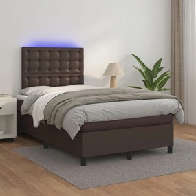 vidaXL Cama box spring c/ colchão/LED 120x200 cm couro artif. castanho