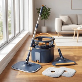 Esfregona giratória com balde separador de água limpa e suja, cabeças autoescorregantes, panos de microfibra, limpeza profunda 360°, azul escuro