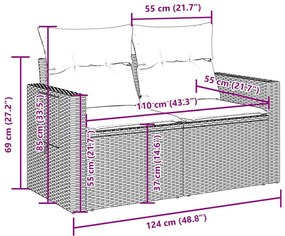 3 pcs conjunto sofás de jardim com almofadões vime PE castanho