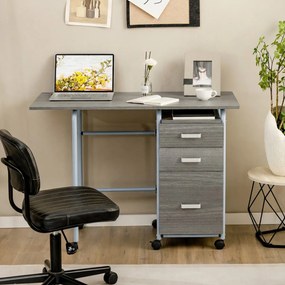 Secretária dobrável para computador 105 x 50 x 74 cm com 3 gavetas de armazenamento e rodas bloqueáveis Cinza