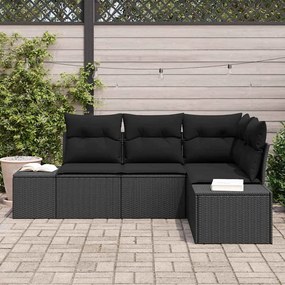 Conjunto de Sofá de Jardim de 4 Peças com Almofadas Pretas em Rattan S