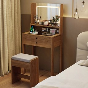 Toucador com espelho e iluminação Mesa de maquilhagem com tomadas elétricas 3 modos de iluminação e banco acolchoado natural