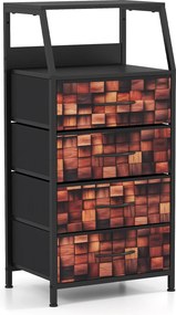 Mesa de cabeceira 40 x 29 x 83 cm com 4 gavetas revestidas a tecido, Estrutura metálica e armário vertical para arrumação no quarto, castanho