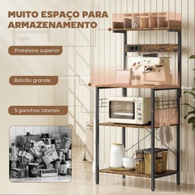 Armário de Cozinha com 2 Tomadas Prateleira para Micro-ondas Prateleira Ajustável Ganchos 60x42x137 cm Castanho Rústico