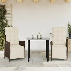 3 pcs conjunto jantar p/ jardim c/ almofadões vime PE castanho
