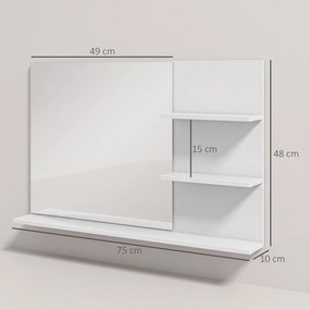 Espelho de Casa de Banho de Parede com 2 Prateleiras Laterais e Prateleira Inferior 75x10x48 cm Branco