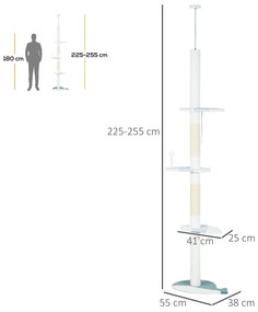 Arranhador para Gatos do Chão do Teto com Altura Ajustável 3 Plataformas Postes de Arranhar e 1 Bola 55x38x255 cm Branco