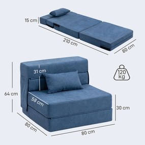 Poltrona convertível de 1 lugar, poltrona-cama dobrável, almofada incluída, para convidados, sala de estar, espaços pequenos, capacidade de 120 kg, az