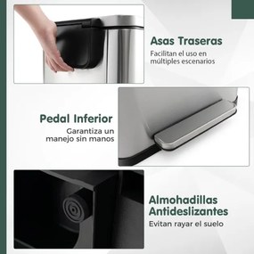 Conjunto de caixotes do lixo de 40 litros + 6 Litros em aço e baldes interiores amovíveis para lixo de cozinha Prateado