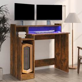 vidaXL Secretária c/ LEDs 97x45x90cm derivados madeira carvalho fumado
