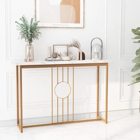 Mesa Consola de Entrada Moderna Mesa Auxiliar Grande com tampo imitação mármore 120 x 30 x 80,5 cm Dourada e branca