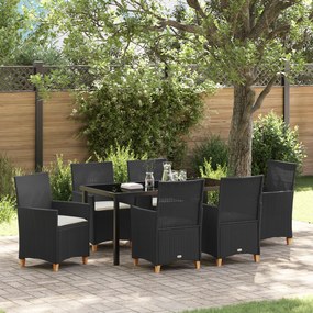 vidaXL Conjunto de Jantar de Jardim 7 Peças com Almofadas Pretas de Rattan Poliéster