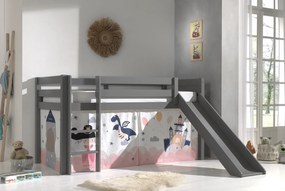 Cama alta de Criança PINO 90 x 200 cm + estrado + escada + escorrega + cortina Princesa Cinzenta