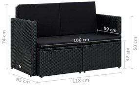 Sofá de jardim 2 lugares com almofadões vime PE preto