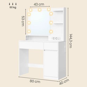 Toucador com espelho 40 x 80 x 144,3 cm, iluminação, base de carregamento e 2 gavetas, branco