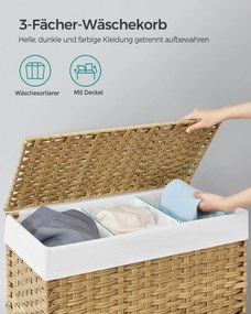 Cesto para roupa suja dobrável com 3 compartimentos e bolso lateral 66 x 33 x 60 cm Cor natural