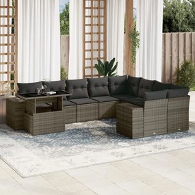 10 pcs conjunto sofás de jardim c/ almofadões vime PE cinzento