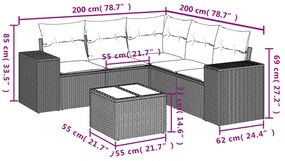 6 pcs conjunto sofás de jardim c/ almofadões vime PE preto