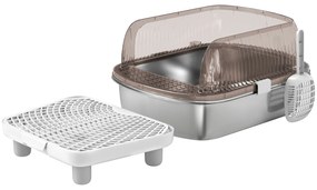 Caixa de Areia para Gatos Fechada com Bandeja em Aço Inoxidável Bordas Altas Pá e Degrau para Gatos Grandes 53x42x27 cm Cinzento