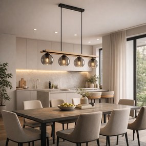 Candeeiro suspenso moderno preto com madeira e vidro fumado 4 luzes - Aleks