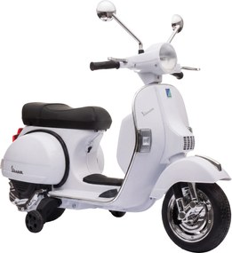 AIYAPLAY Mota Elétrica para Crianças 12V Vespa PX150 com Rodas Auxiliares, 2 Motores, Suspensão Traseira, Música, Luzes, 3 km/h, 3-6 Anos, Branco | Aosom Portugal