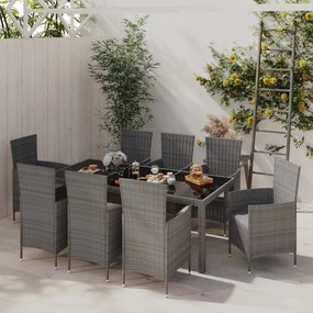 vidaXL 9 pcs conjunto jantar exterior c/ almofadões vime PE cinzento