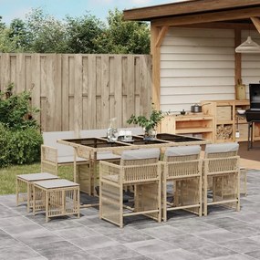 vidaXL 11 pcs conjunto de jantar p/ jardim com almofadões vime PE bege