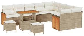 Conjunto de Sofá de Jardim vidaXL 12 Peças com Almofadas Bege Rattan Poli Acácia