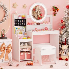 Toucador infantil com espelho e luzes para princesas, com estantes e ranhuras para anéis e banquinho branco