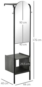 Móvel Cabide de Entrada com Espelho e Sapateiro Móvel Cabide de Entrada Moderno com Trilho para Pendurar 2 Ganchos para Corredor 44x40x176cm Preto