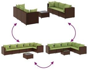 7 pcs conjunto lounge de jardim c/ almofadões vime PE castanho
