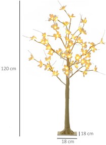 HOMCOM Árvore Cerejeira Altura 120 com 48 Luzes LED IP44 em Branco Quente Ramos Flexíveis e Base de Candeeiro Árvore de Decoração de Natal para Interiores 18x18x120cm Cáqui