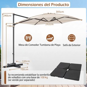 Guarda-Sol Suspenso (BASE NÃO INCLUIDA), 292 x 292 x 240 cm, Rotação de 360°, Bege