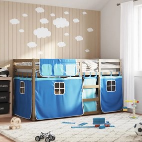 vidaXL Beliche com cortinas 90x200 cm madeira de pinho maciça azul