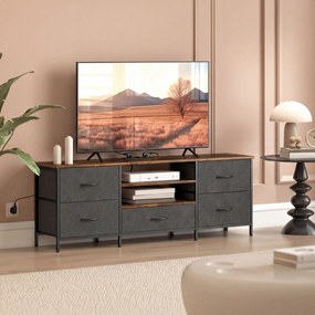 Móvel para televisão 140 x 30 x 50 cm, móvel para televisão de 65 polegadas, estação de carregamento, 5 gavetas em tecido, prateleiras abertas, castan